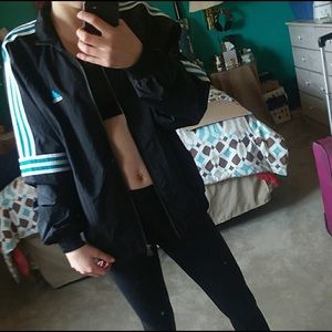 Adidas Black and Teal Vintage Jacket